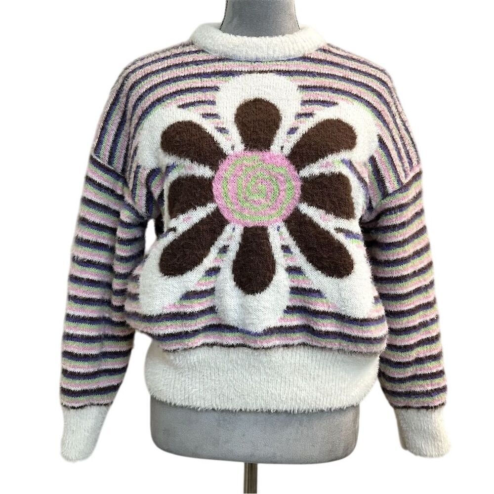 Forever 21 Y2k Fuzzy Striped Floral Sweater S Multicolor Winter Hippie Boho